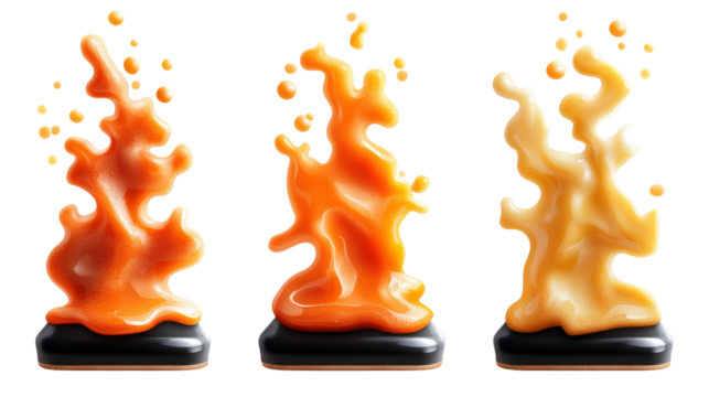 Three detailed colorful flame sculptures with intricate shapes and vibrant orange hues on a black base