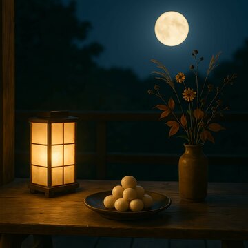 縁側の行灯と月見団子の満月夜景｜Full Moon Night with Andon Lantern and Tsukimi Dango on Veranda