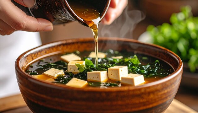 Ultra HD close-up of miso soup being poured into a lacquer bowl, with tofu cubes and wakame seaweed floating, and a chef's hand steadying the dish