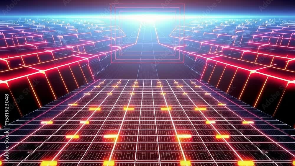 Poster a futuristic digital tunnel with glowing red and blue lines forming a grid pattern