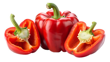 Vibrant red bell pepper, halved to reveal its fresh interior, isolated on a white background