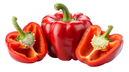 Vibrant red bell pepper, halved to reveal its fresh interior, isolated on a white background
