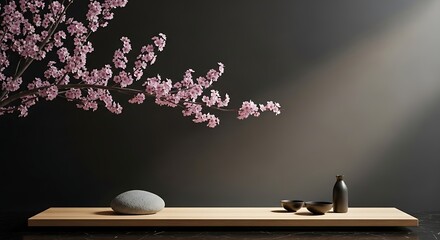 Photo of sakura branch with zen still life arrangement on a wooden table