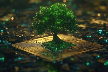 A vibrant green tree, glowing with an ethereal light, sits atop a golden circuit board.  Intricate electronic circuitry fills the background