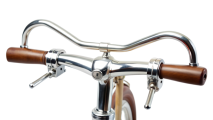 Closeup of a vintage bicycle handlebar with chrome and wood grips, isolated on transparent background