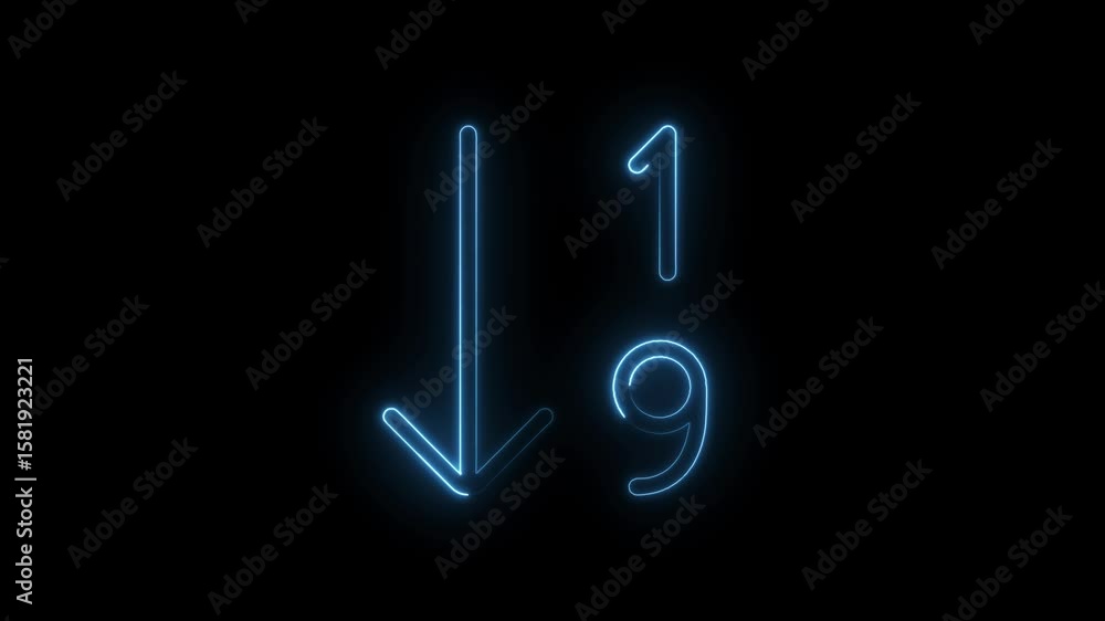 Poster neon one and nine with arrow down symbol glowing on a black background animation