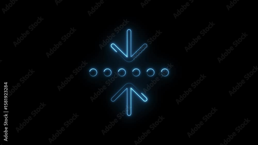 Poster neon blue arrows pointing up and down with circle dots on a black background