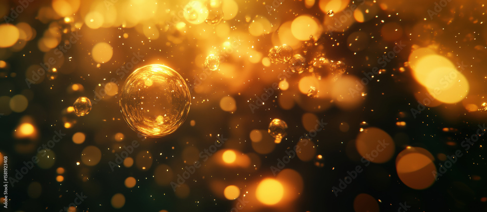 Poster golden bubbles and shimmering particles creating a magical underwater atmosphere.