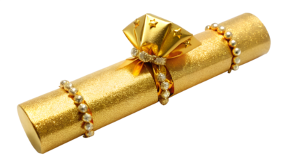 Luxurious golden christmas cracker with starshaped bow and pearl trim, isolated on transparent background