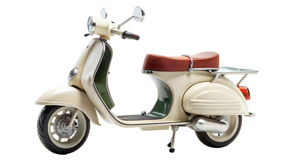 A classic creamcolored vintage scooter with a brown seat, isolated on a white background