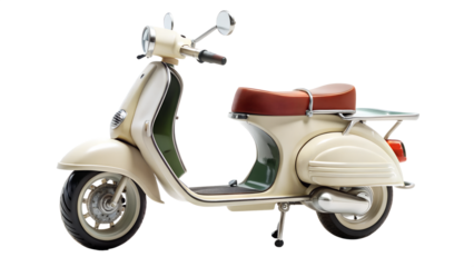 A classic creamcolored vintage scooter with a brown seat, isolated on a white background