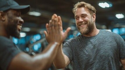 Friendly workout high-five between gym buddies fitness center photo indoor eye-level motivation