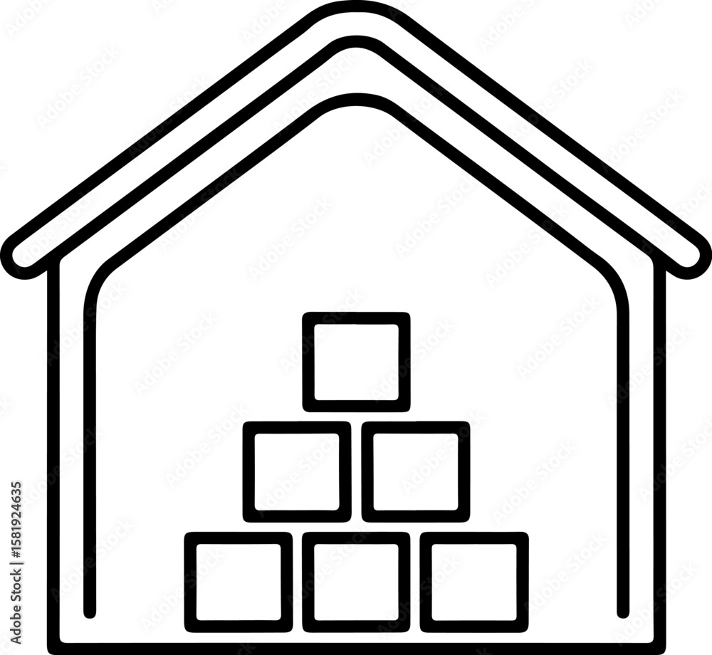 Poster simple line art icon of a warehouse building filled with stacked boxes