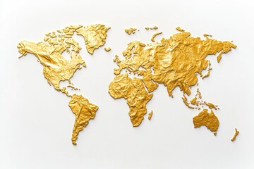 Gold foil world map, textured, on white background