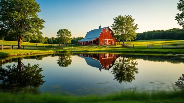 Red Barn Reflected in Calm Farm Pond at Sunrise