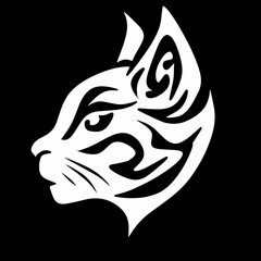 sketch of a tribal cat head illustration. vector drawing cat. cat logo on black background