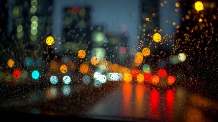 Rainy city lights reflections urban streets night photography wet environment close-up view mood