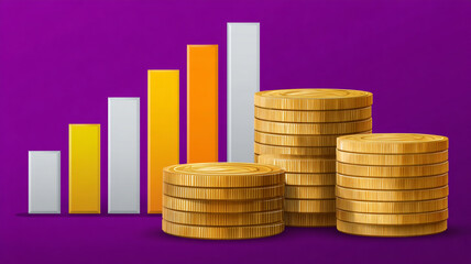 Golden coins stacked beside a growth chart, illustrating financial success. A clear visualization of rising profits and financial gains