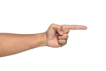 side view of male hand touching or pointing gesture isolated on white background. transparent png