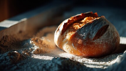 Freshly baked bread on flour dust rustic kitchen food photography warm lighting
