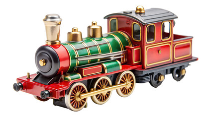 Obraz premium A detailed red and green toy steam engine locomotive isolated on transparent background