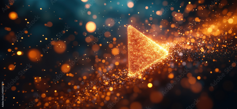 Poster glowing play button with sparkling particles in dark background for multimedia applications.
