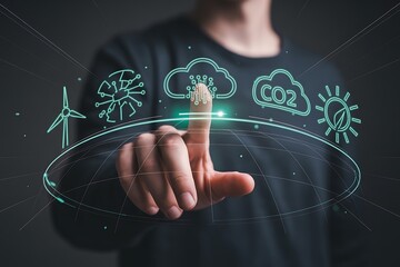 Person touching digital interface with environmental icons hand finger