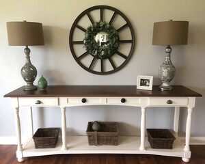 Elegant Console Table with Lamps and Decorative Elements