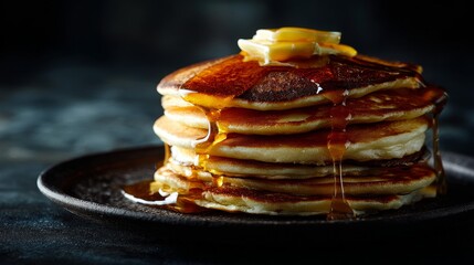 Cozy kitchen close-up stacked pancakes for a delicious morning breakfast