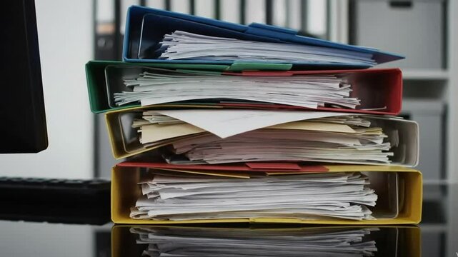 A tall stack of colorful binders overflowing with paperwork on a modern office desk a perfect visual for concepts of bureaucracy workload and organization