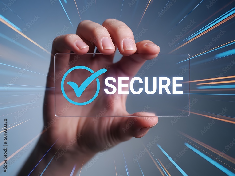 Poster hand holding transparent card with secure symbol and word image