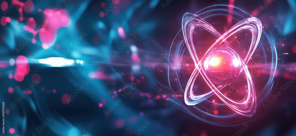 Poster abstract representation of an atom with glowing particles and vibrant colors.