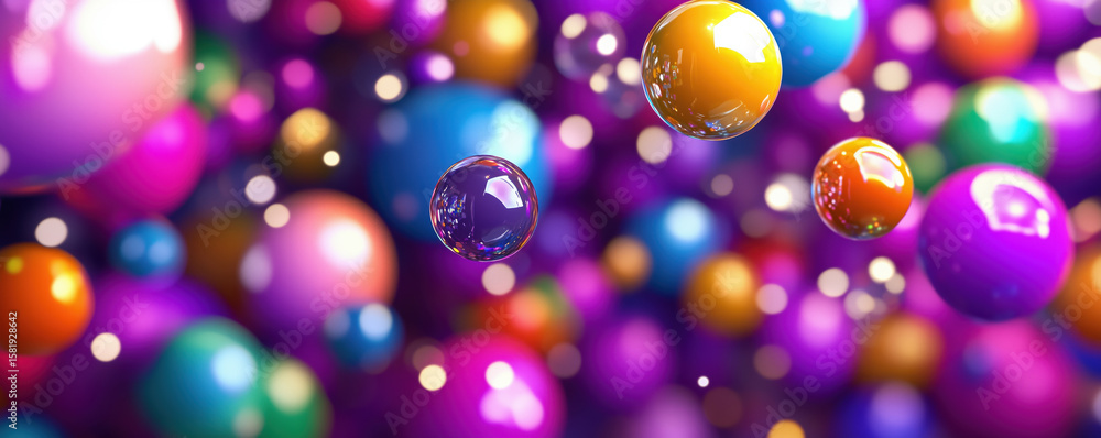 Poster colorful abstract spheres and bubbles floating in vibrant background with bokeh effect.