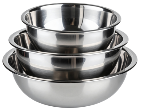  Set of Four Nested Stainless Steel Mixing Bowls isolated on transparent background PNG
