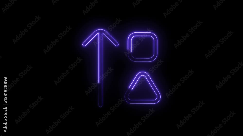 Poster glowing neon shapes on black background up arrow square triangle geometric design elements