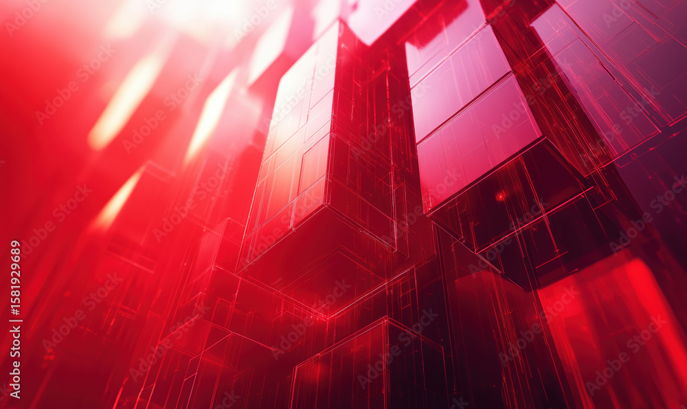 Poster abstract red geometric shapes with translucent surfaces creating a modern digital background.
