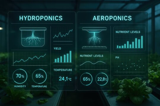 Hydroponic and Aeroponic Farming Setup with UI Panel and Crop Data Display