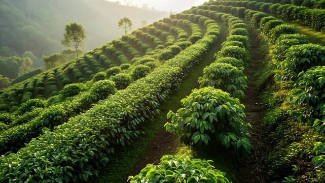 Plantation Hillside Growing Lush Green Crops in Rural Daylight