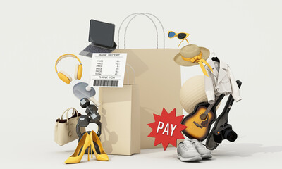 E-commerce payment concept with paper bag, receipt, fashion accessories and gadgets. Shopping lifestyle theme. 3d rendering.