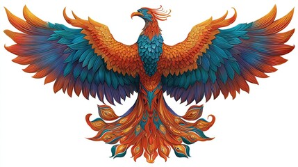 Vibrant phoenix with outstretched wings, detailed plumage in warm and cool hues