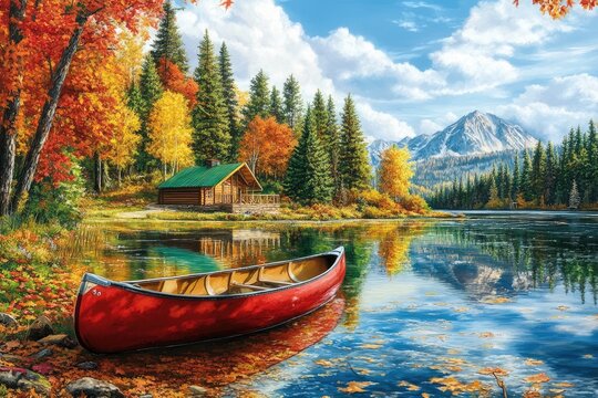 Autumnal lake scene with cabin and canoe. Tranquil fall landscape featuring a red canoe on a placid lake reflecting colorful autumn trees and a cozy cabin nestled amidst the forest - Powered by Adobe