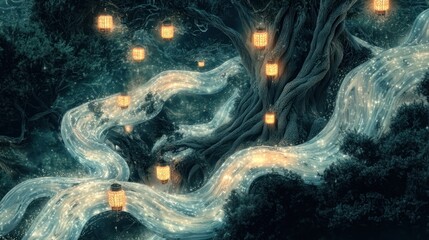 Mystical forest path illuminated by lanterns