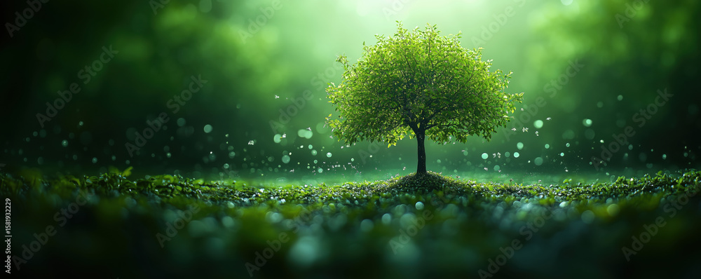 Poster lone tree in serene forest setting with soft light and floating particles.