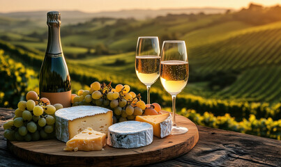 Wine and cheese pairing with sparkling wine, fresh grapes, and scenic vineyard background.