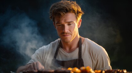 Outdoor barbecue action man grilling food in smoky ambiance