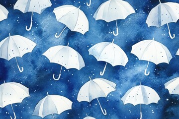 White umbrellas float against a starry, watercolor night sky