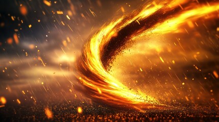 A fiery vortex swirls amidst a stormy landscape
