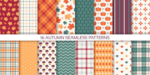 Autumn seamless pattern. Backgrounds in fall design. Set autumnal prints with leaves, pumpkin, dots, check, stripes, zigzag. Seasonal geometric textures. Harvest wallpapers. Vector illustration.