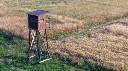 Aerial View of Hunting Stand on the Edge of Meadow and Field.