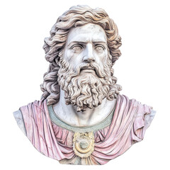 Detailed classical marble bust sculpture of an ancient philosopher with flowing hair beard and ornate clothing